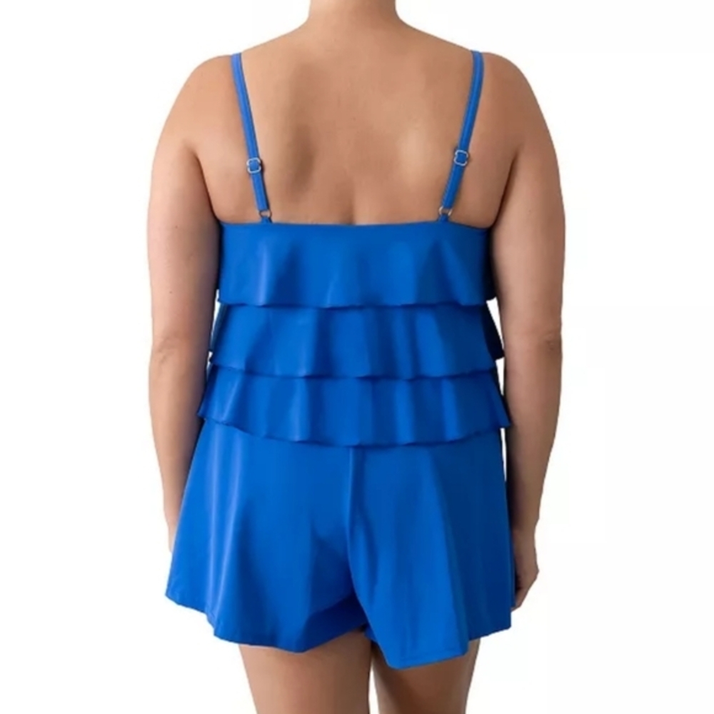 Fit 4 U Women's Blue Ruffle Tiered Sleeveless Swim Romper‎ One Piece Swimsuit - Picture 2 of 14